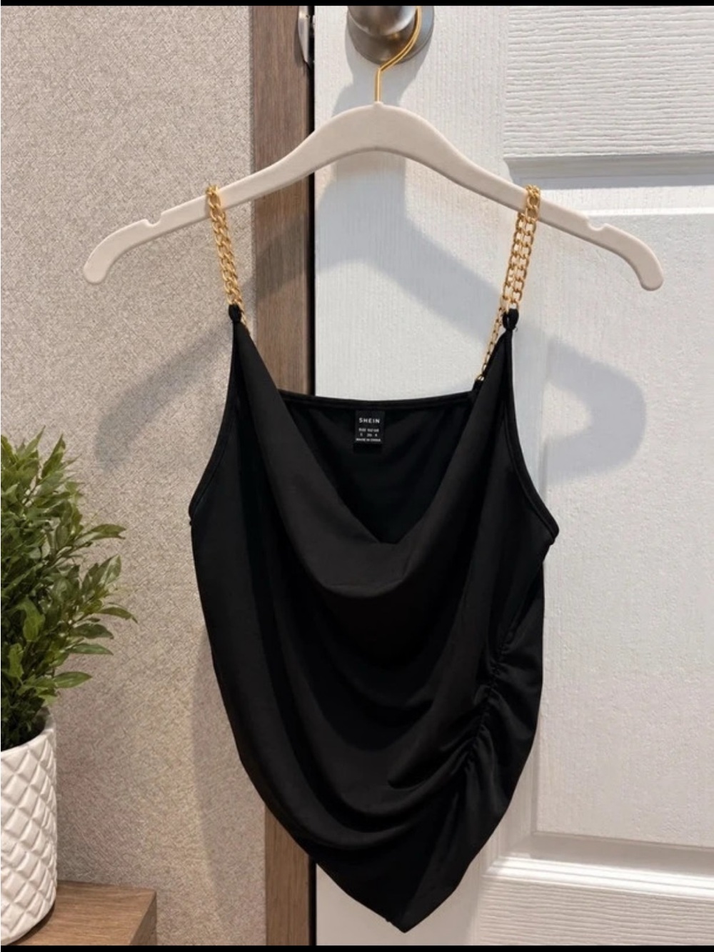 SHEIN Black Draped Cami with Gold Chain Straps